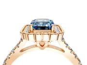 Milgrain Floral Halo Engagement Ring Setting for Fancy Blue Emerald Cut Center with Pave Band and Prong Head in Rose Gold