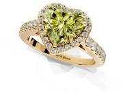 Halo Engagement Ring Setting for Fancy Yellow Heart-Shaped Center with Full Pave Band and Prong Head in Yellow Gold