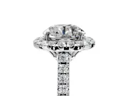 Halo Engagement Ring Setting for Round Cut Center with Raised Halo, Pave Band and Prong Head in Platinum