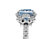 Halo Engagement Ring Setting for Fancy Blue Princess Cut Center with Openwork Halo, Pave Band and Prong Head in White Gold