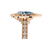Halo Engagement Ring Setting for Fancy Blue Pear-Shaped Center with Milgrain Pave Band and Bezel Head in Rose Gold