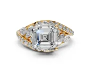 Halo Engagement Ring Setting for Asscher Cut Center with Marquise and Pave Bypass Band and Prong Head in Yellow Gold