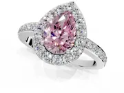Halo Engagement Ring Setting for Fancy Pink Pear-Shaped Center with Heart-Shaped Openwork, Pave Band and Prong Head in Platinum
