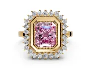 Halo Engagement Ring Setting for Fancy Pink Radiant Cut Center with Milgrain Bezel Rim, Plain Band and Prong Head in Yellow Gold