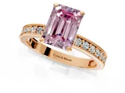 Milgrain Pave Engagement Ring Setting for Fancy Pink Emerald Cut Center with Accent Band and Prong Head in Rose Gold