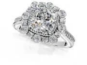 Milgrain Halo Engagement Ring Setting for Cushion Cut Center with Bezel Point Accents and Prong Head in White Gold
