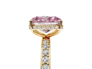 Hidden Halo Engagement Ring Setting for Fancy Pink Radiant Cut Center with Pave Band and Prong Head in Yellow Gold