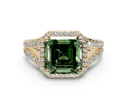 Halo Engagement Ring Setting for Fancy Green Asscher Cut Center with Narrow Pave Split Shank and Prong Head in Yellow Gold