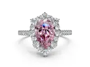 Halo Engagement Ring Setting for Fancy Pink Pear-Shaped Center with Single-Row Pave, Open Basket and Prong Head in Platinum