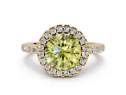 Pave Halo Engagement Ring Setting for Fancy Yellow Round Cut Center with Single Row Pave Band and Prong Head in Yellow Gold