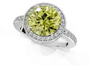 Halo Engagement Ring Setting for Fancy Yellow Round Cut Center with Metal-Rimmed Halo, Pave Band and Prong Head in Platinum