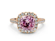 Halo Engagement Ring Setting for Fancy Pink Cushion Cut Center with Narrowing Pave Band and Prong Head in Rose Gold