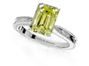 Solitaire Engagement Ring Setting for Fancy Yellow Emerald Cut Center with Engraved Milgrain Band and Prong Head in Platinum