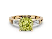 3 Stone Engagement Ring Setting for Fancy Yellow Cushion Cut Center with Channel Baguette Accents and Prong Head in Yellow Gold