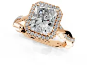 Halo Engagement Ring Setting for Radiant Cut Center with Pave and Plain Twist Band and Prong Head in Rose Gold