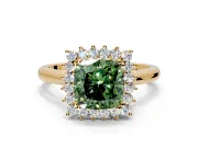 Starburst Halo Engagement Ring Setting for Fancy Green Cushion Cut Center with Thin Round-Wire Band and Prong Head in Yellow Gold