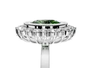 Halo Engagement Ring Setting for Fancy Green Oval Center with Milgrain Bezel Rim, Plain Band and Prong Head in White Gold