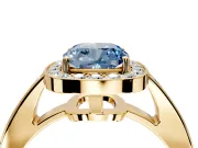 Bezel-Framed Halo Engagement Ring Setting for Fancy Blue Cushion Cut Center with Pave Band and Prong Head in Yellow Gold