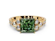 Cluster Engagement Ring Setting for Fancy Green Princess Cut Center with Bezel Accent Clusters and Prong Head in Yellow Gold