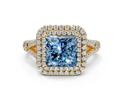 Double Halo Engagement Ring Setting for Fancy Blue Princess Cut Center with Narrow Pave Split Shank and Prong Head in Yellow Gold