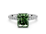 Hidden Halo Engagement Ring Setting for Fancy Green Radiant Cut Center with Pave Band and Prong Head in Sterling Silver