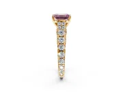 Solitaire Engagement Ring Setting for Fancy Pink Emerald Cut Center with Pave Cathedral Shoulders and Prong Head in Yellow Gold