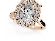 Single Halo Engagement Ring Setting for Oval Center with Corner Claws, Plain Band and Prong Head in Rose Gold