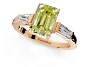 3 Stone Engagement Ring Setting for Fancy Yellow Emerald Cut Center with Baguette Accents and Prong Head in Rose Gold
