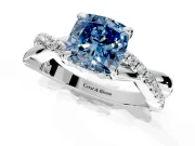 Solitaire Engagement Ring Setting for Fancy Blue Cushion Cut Center with Half-Pave Crossover Band and Prong Head in Sterling Silver
