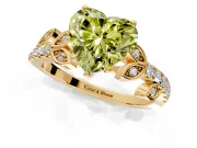 Leaf Motif Engagement Ring Setting for Fancy Yellow Heart-Shaped Center with Pave Band and Prong Head in Yellow Gold