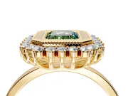 Halo Engagement Ring Setting for Fancy Green Emerald Cut Center with Milgrain Bezel Rim, Plain Band and Prong Head in Yellow Gold