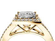 Halo Engagement Ring Setting for Princess Cut Center with Pave Split Shank and Prong Head in Yellow Gold