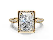 Halo Engagement Ring Setting for Radiant Cut Center with Metal-Rimmed Halo, Pave Band and Prong Head in Yellow Gold