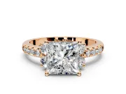 Paired Accent Engagement Ring Setting for Princess Cut Center with Pave Band and Prong Head in Rose Gold