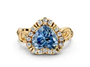 Halo Engagement Ring Setting for Fancy Blue Heart-Shaped Center with Open Scroll Shoulders and Prong Head in Yellow Gold