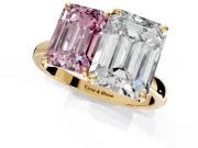 Fancy Pink Emerald Cut and Emerald Cut Lab-Grown Diamond Toi et Moi Engagement Ring with Prong-Set Stones in Yellow Gold