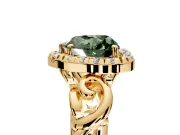 Halo Engagement Ring Setting for Fancy Green Heart-Shaped Center with Open Scroll Shoulders and Prong Head in Yellow Gold