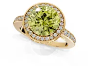 Halo Engagement Ring Setting for Fancy Yellow Round Cut Center with Metal-Rimmed Halo, Pave Band and Prong Head in Yellow Gold