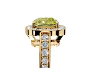 Bezel-Framed Halo Engagement Ring Setting for Fancy Yellow Cushion Cut Center with Pave Band and Prong Head in Yellow Gold