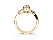 3 Stone Engagement Ring Setting for Oval Center with Baguette Accents and Prong Head in Yellow Gold