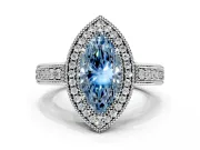 Milgrain Halo Engagement Ring Setting for Fancy Blue Marquise Center with Pave Band and Prong Head in White Gold
