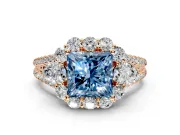 Halo Engagement Ring Setting for Fancy Blue Princess Cut Center with Two-Strand Split Shank and Prong Head in Rose Gold