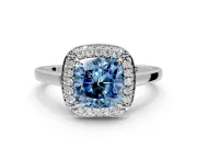 Halo Engagement Ring Setting for Fancy Blue Cushion Cut Center with Plain Tapered Band and Prong Head in Platinum