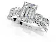 3 Stone Engagement Ring Setting for Emerald Cut Center with Pave Twist Band and Prong Head in White Gold