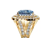 Double Halo Engagement Ring Setting for Fancy Blue Radiant Cut Center with Narrow Pave Split Shank and Prong Head in Yellow Gold