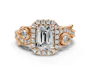 Milgrain Halo Engagement Ring Setting for Emerald Cut Center with Shoulder Bezels and Prong Head in Rose Gold