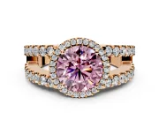 Halo Engagement Ring Setting for Fancy Pink Round Cut Center with Wide-Open Pave Split Shank and Prong Head in Rose Gold