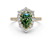 Halo Engagement Ring Setting for Fancy Green Pear-Shaped Center with Single-Row Pave, Open Basket and Prong Head in Yellow Gold