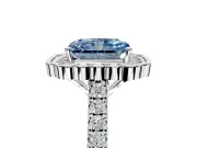 Milgrain Floral Halo Engagement Ring Setting for Fancy Blue Radiant Cut Center with Pave Band and Prong Head in Platinum