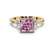 3 Stone Engagement Ring Setting for Fancy Pink Princess Cut Center with Wide Plain Band and Prong Head in Yellow Gold